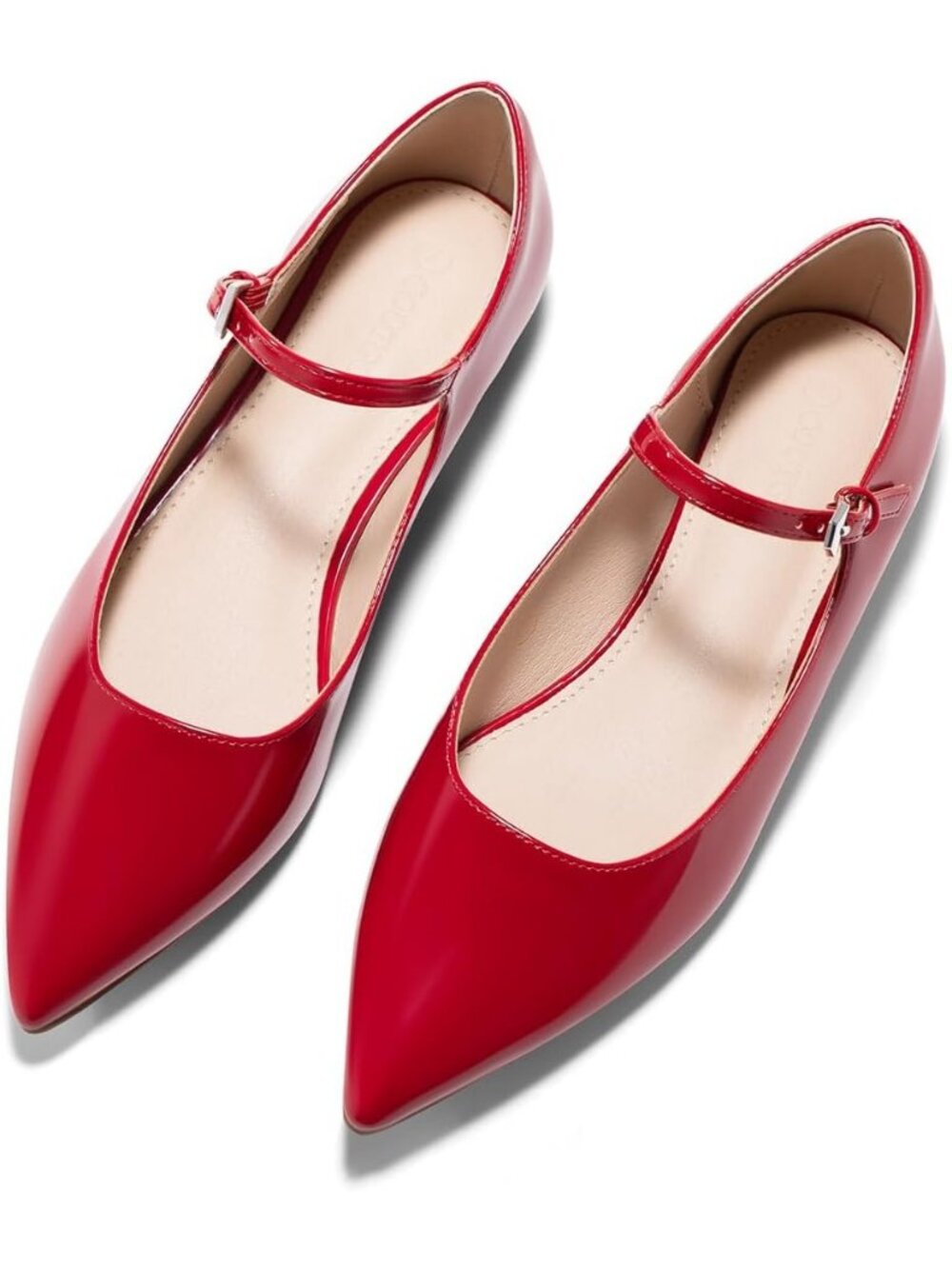 Women's Red Leather Mary Jane Flats Closed Pointed Toe Ballet Flats Work Shoes
